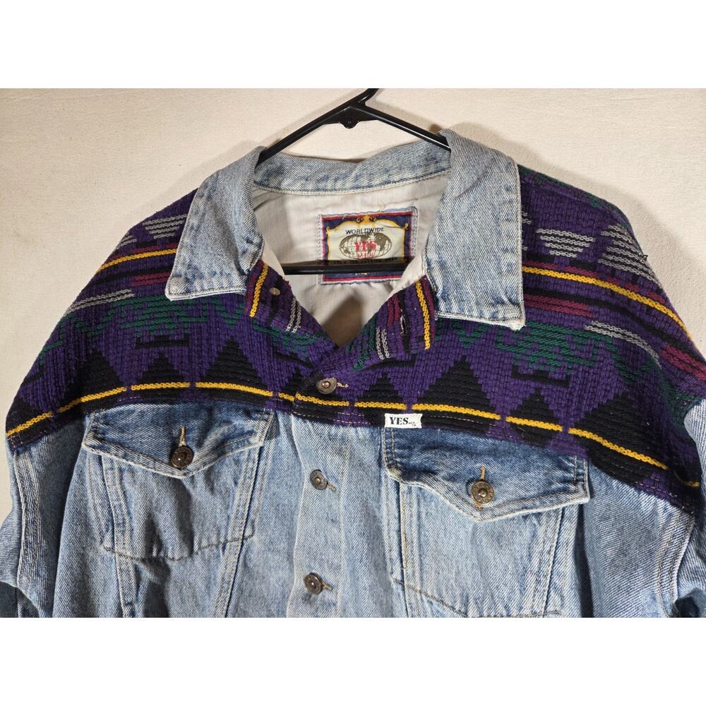 Vintage 90s YES Clothing Co Aztec Denim Trucker Jacket - Boxy Cropped L/XL - Picture 10 of 16